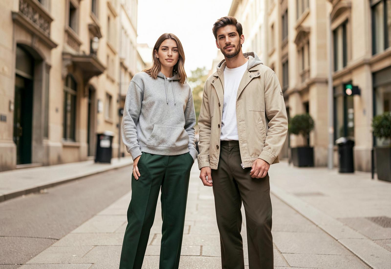 Une femme et un homme en vêtements casual premium NOVA & FIELD dans une rue urbaine lumineuse